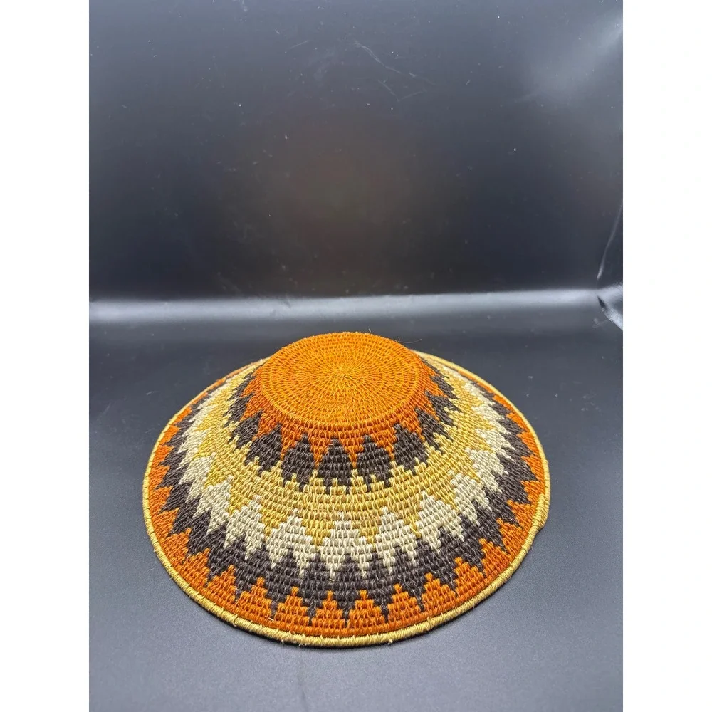 Hand Woven Basket Bowl Orange Brown Geometric Art 6.5in